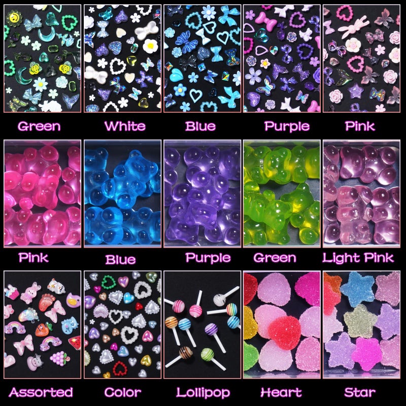 CESUSME 3D Bear Candy Nail Charms, Assorted Color Lollipop Flower Butterfly Chams for Acrylic Nails, Cute Bow Heart Cartoon Nail Art Charms for Nail Art DIY Accessories - Image 3